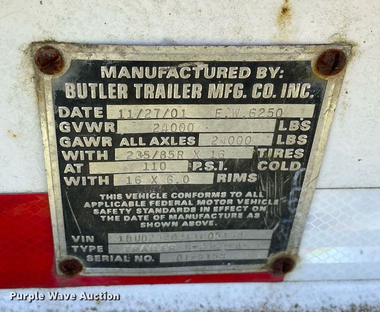 image for item DL3776 2001 Butler B2424-A  equipment trailer