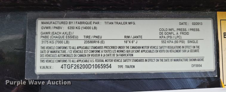 image for item DO2735 2013 Titan DF5954  equipment trailer