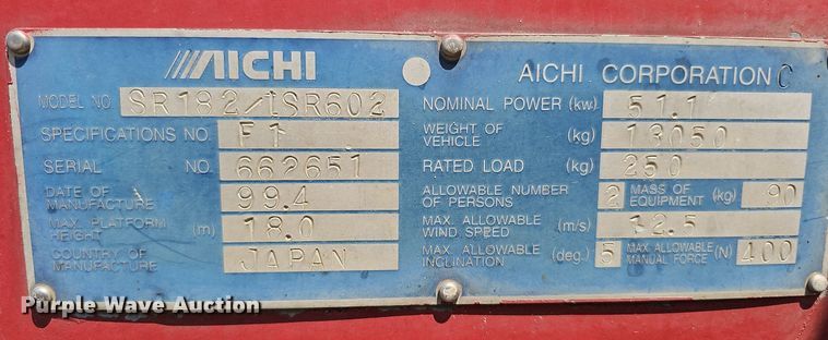 image for item DO2753 1999 Aichi SR182  boom lift