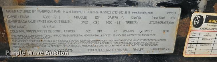 image for item DO2756 2016 H&H Trailers Speed Loader MX  equipment trailer