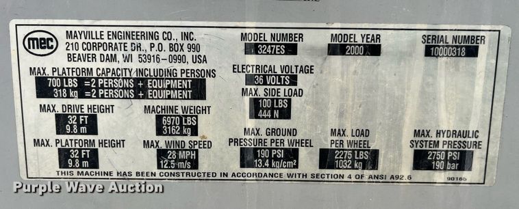 image for item LB9012 2000 Mec 3247ES  scissor lift