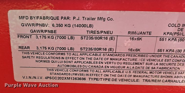 image for item LW9683 2021 PJ  equipment trailer