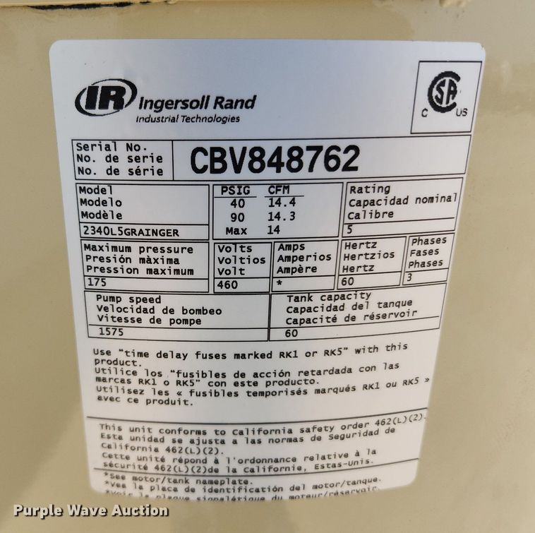 image for item LX9650 Ingersoll Rand 2340L5 Grainger  air compressor