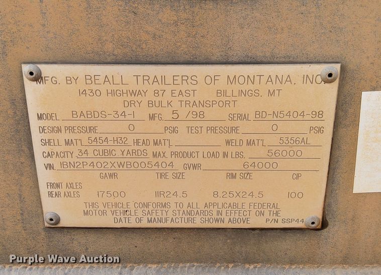 image for item DN6473 1998 Beall BABDS-34-1  bottom dump trailer