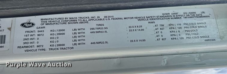 image for item DR4646 2016 Mack CXU613  semi truck