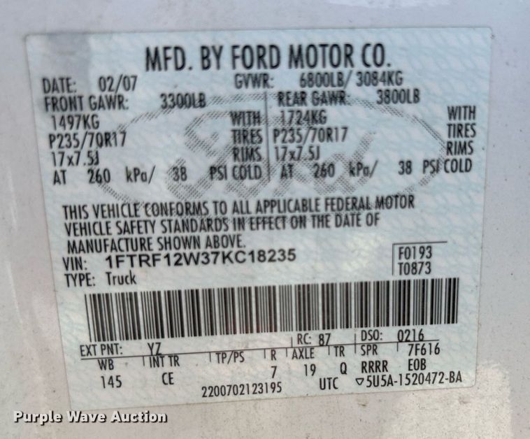 image for item DR4669 2007 Ford F150 XL  pickup truck