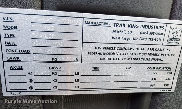 image for item DR4674 2000 Trail King TK54BDV432  bottom dump trailer