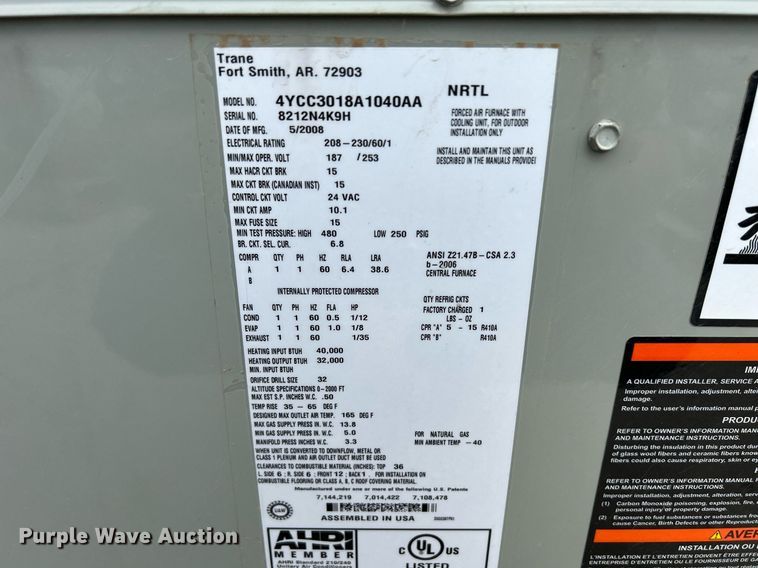 image for item MC9917 2008 Trane 4YCC3018A1040AA  HVAC system