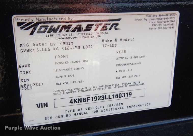 image for item AF9686 2020 Towmaster TC-10D  equipment trailer
