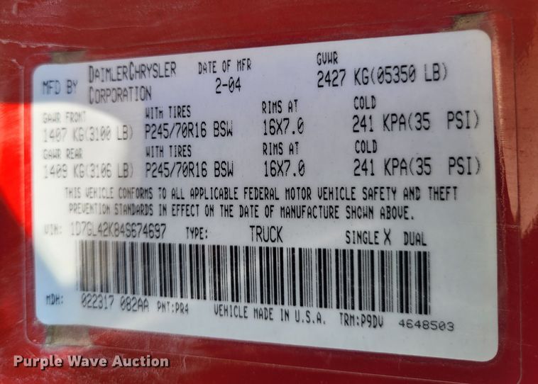 image for item DK1862 2004 Dodge Dakota  Club Cab pickup truck