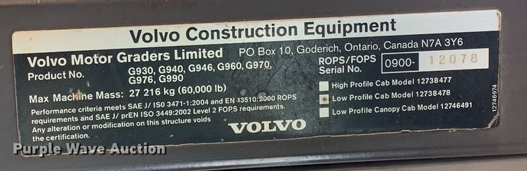 image for item DP8656 2007 Volvo G930  motor grader