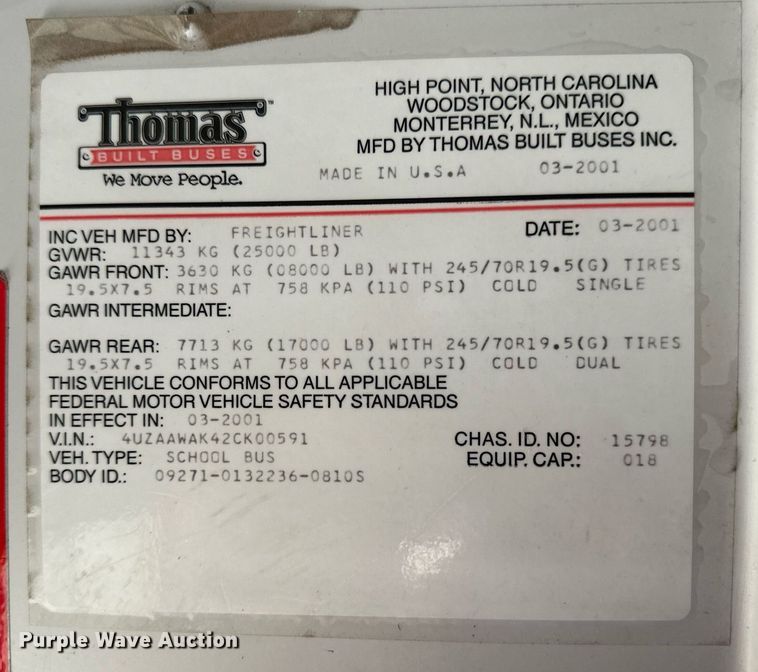 image for item KL9028 2001 Thomas Built  school bus