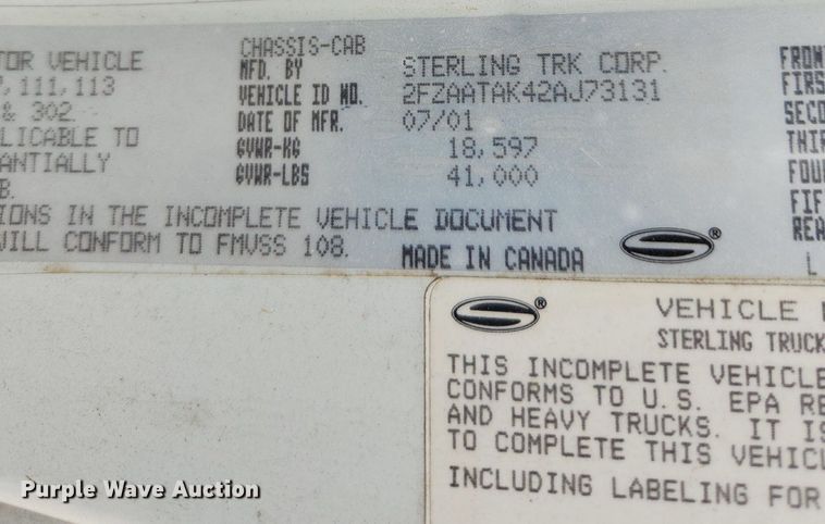 image for item LX9550 2002 Sterling L7500  sewer jetter truck