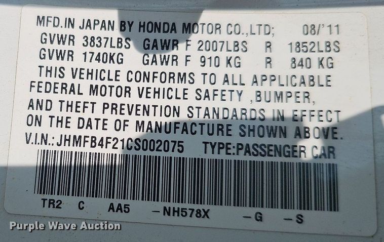 image for item MD9859 2012 Honda Civic