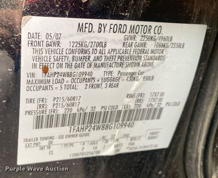 image for item MG9937 2008 Ford Taurus