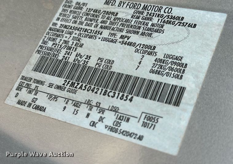 image for item NY9252 2001 Ford Windstar  van