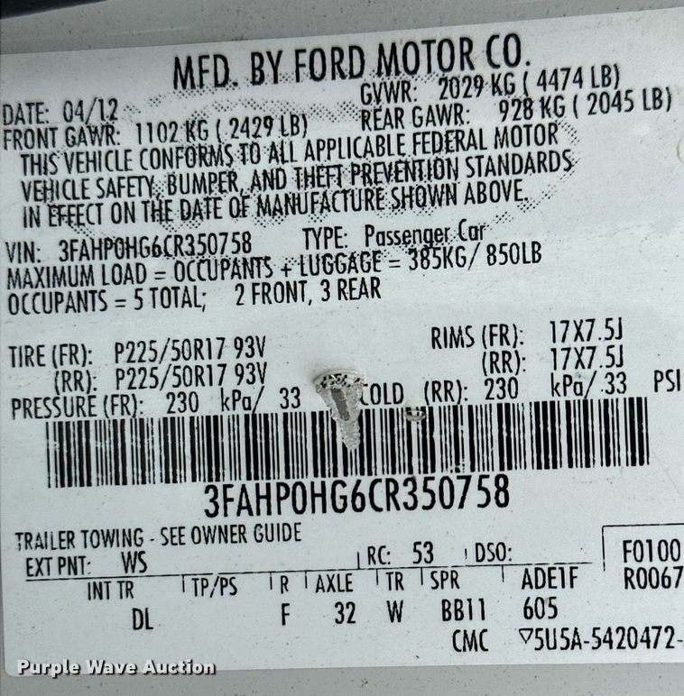 image for item NY9253 2012 Ford Fusion SE