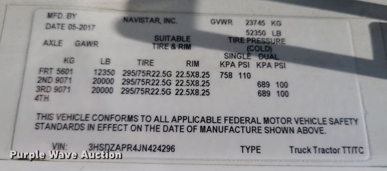 image for item DK1961 2018 International LT625  semi truck