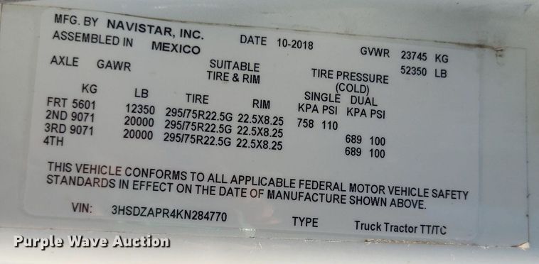 image for item DK1964 2019 International LT625  semi truck