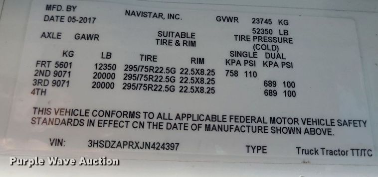 image for item DK1965 2018 International LT625  semi truck