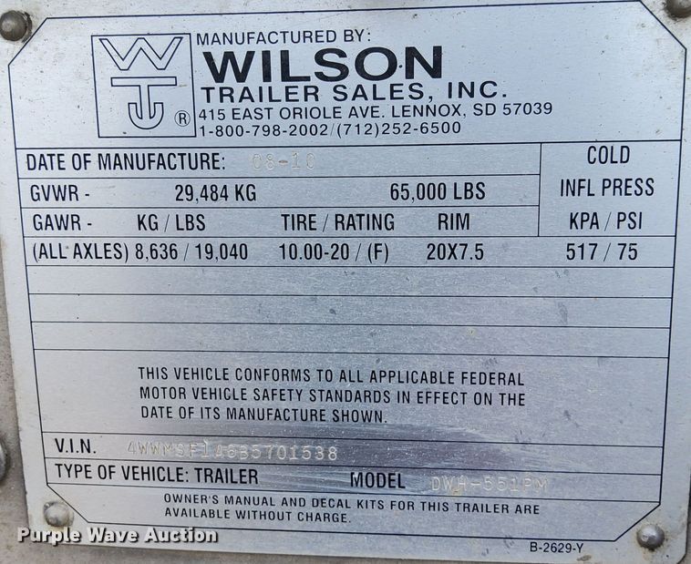 image for item DN6492 2011 Wilson DWH-551PW  grain trailer