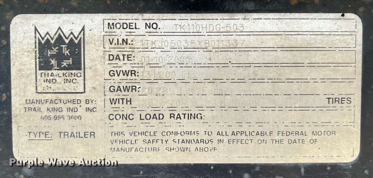image for item DQ2096 2000 Trail King TK110HDG-503  lowboy equipment trailer