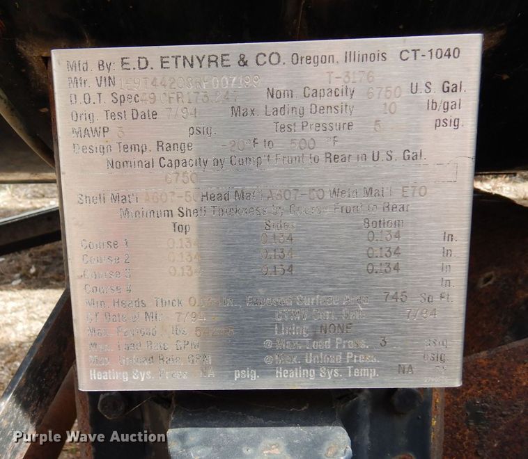 image for item DQ7316 1994 Etnyre T3176  tank trailer