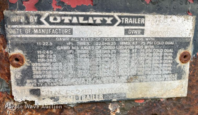 image for item LY9749 1992 Utility  flatbed trailer