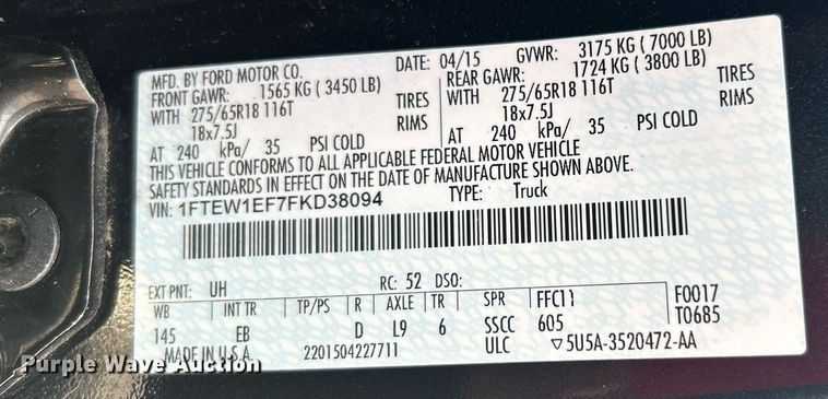 image for item DI7852 2015 Ford F150  SuperCrew pickup truck