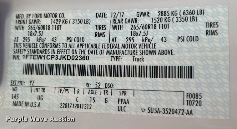 image for item DI7870 2018 Ford F150 XLT  SuperCrew pickup truck