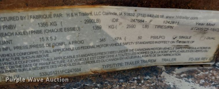 image for item DK1957 2015 H&H  equipment trailer