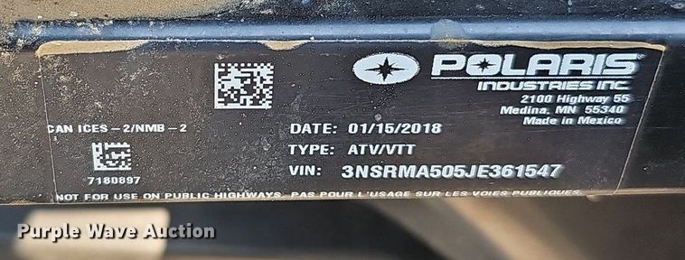 image for item DO2841 2018 Polaris Ranger 500  utility vehicle