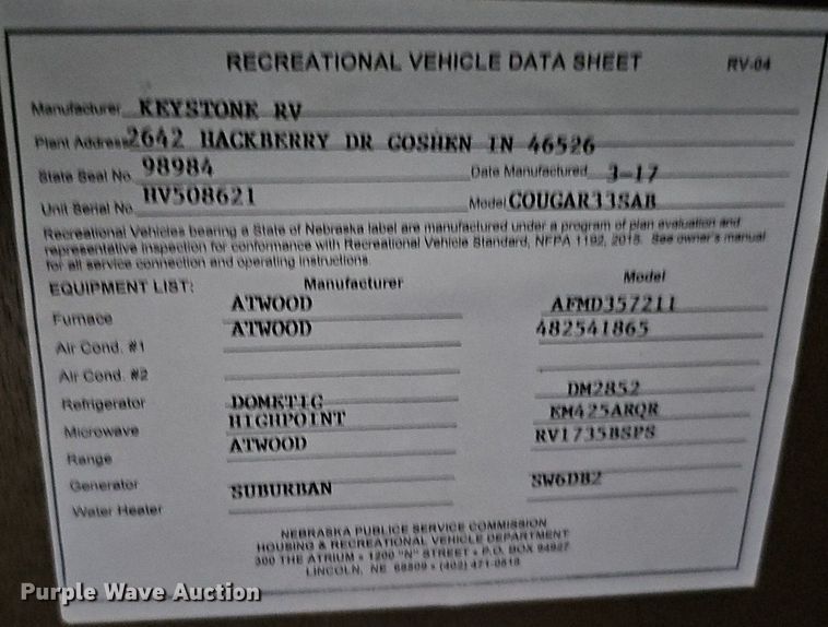 image for item DO2858 2017 Keystone Cougar Lite CG33SAB17  camper