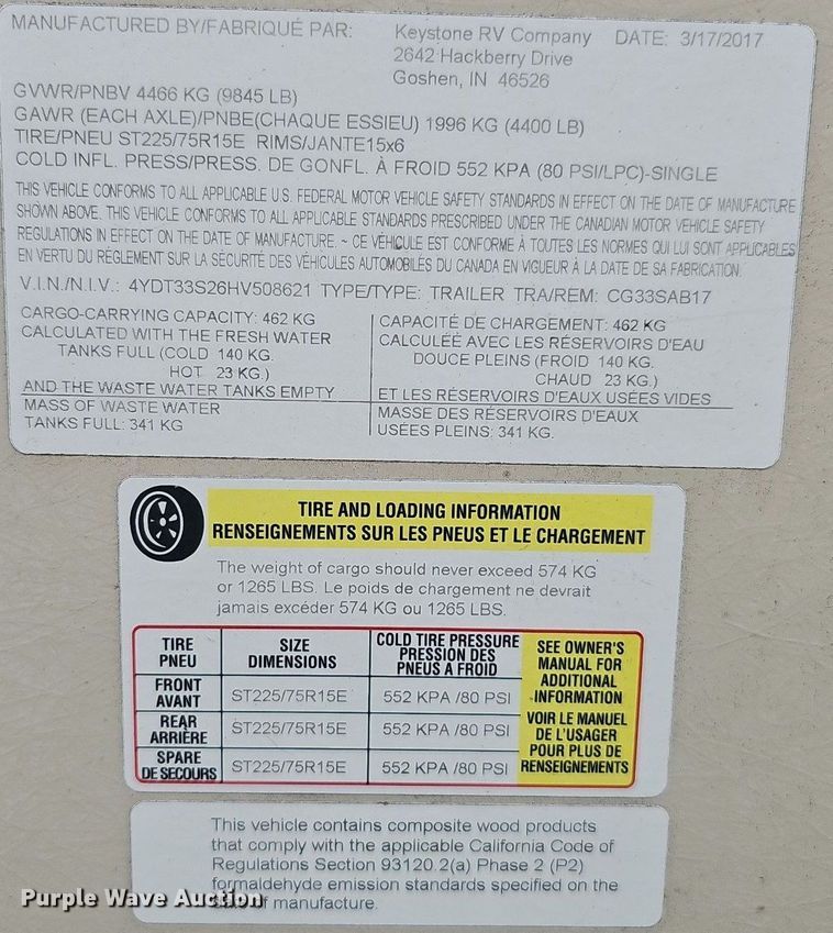 image for item DO2858 2017 Keystone Cougar Lite CG33SAB17  camper