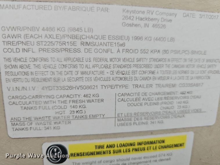 image for item DO2858 2017 Keystone Cougar Lite CG33SAB17  camper