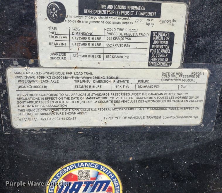 image for item DQ1755 2017 Load Trail  equipment trailer