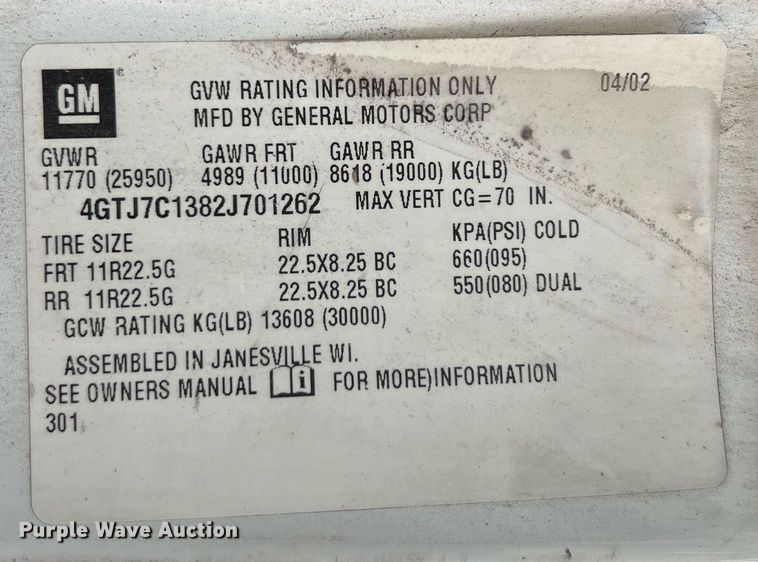 image for item DQ2085 2002 GMC T6500  flatbed truck