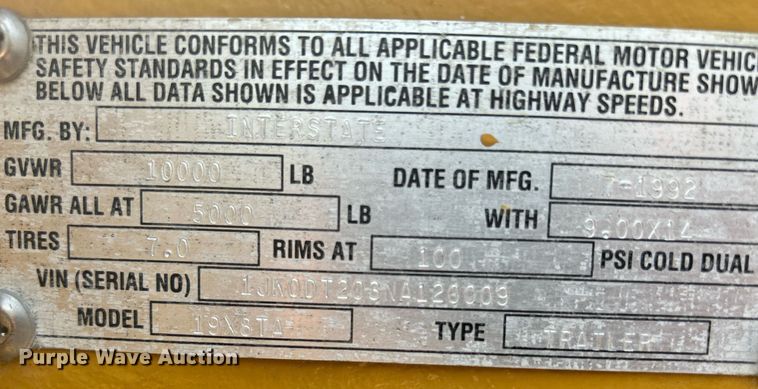 image for item DR4712 1992 Interstate 19X8TA  equipment trailer