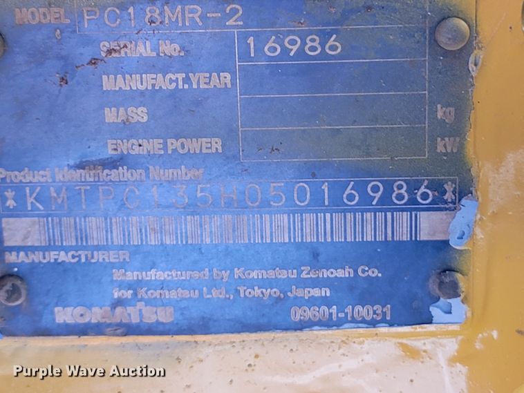 image for item HY9033 2007 Komatsu PC18MR-2  mini excavator