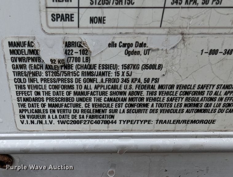 image for item KB9421 2012 Wells Cargo  enclosed cargo trailer