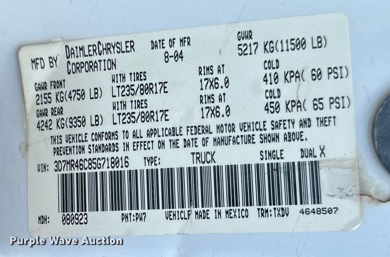 image for item KL9019 2004 Dodge Ram 3500  flatbed pickup truck