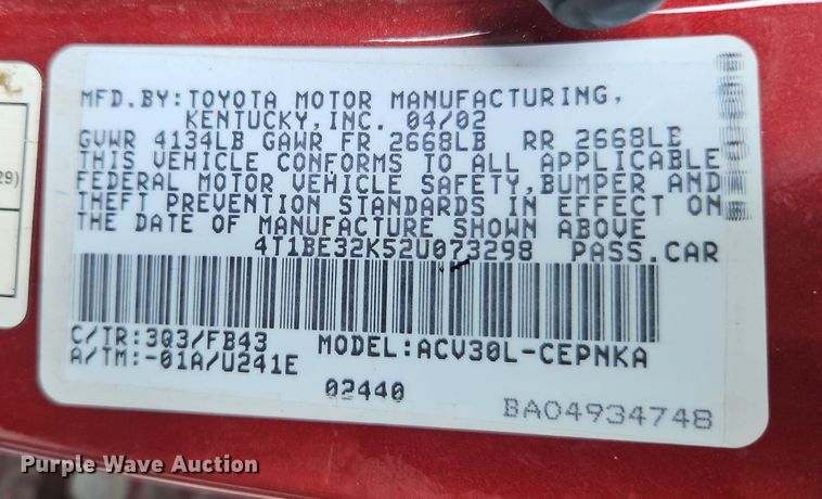 image for item LL9266 2002 Toyota Camry LE
