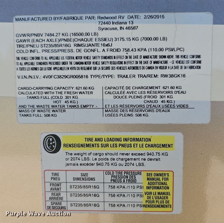 image for item LW9696 2016 Cross Roads Redwood  camper