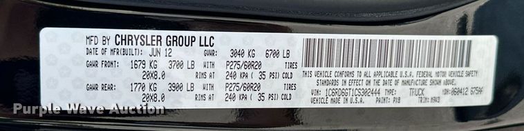 image for item MB9622 2012 Dodge Ram 1500 Big Horn  Quad Cab pickup truck