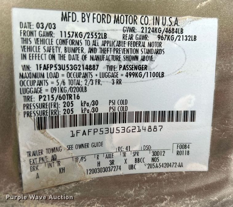 image for item MC9970 2003 Ford Taurus SE