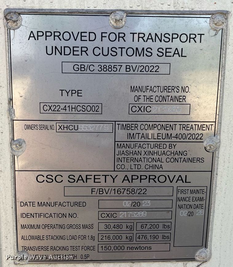 image for item MG9312 2023 Jiashan Xinhuachang International Containers Co CX22-41HCSO02  shipping container