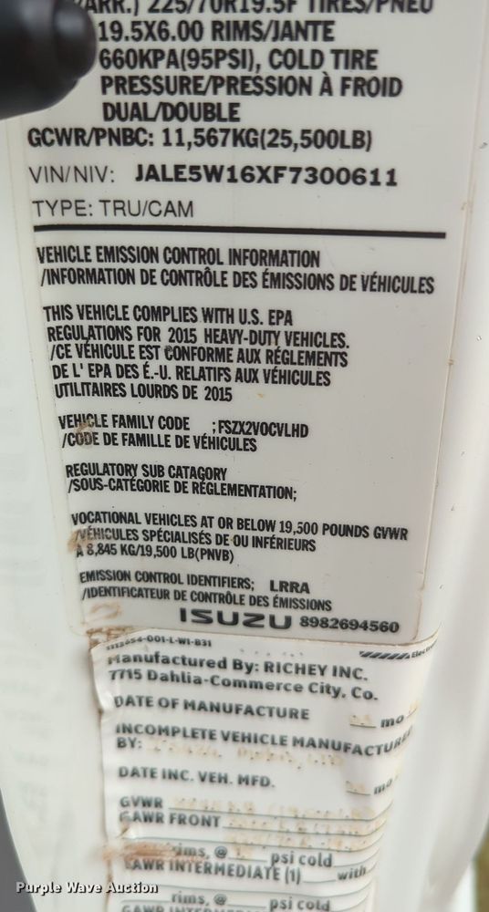 image for item MY9377 2015 Isuzu NPR  refrigerated delivery truck