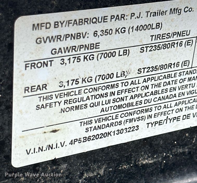 image for item NY9250 2019 PJ B6202-Carhauler  equipment trailer