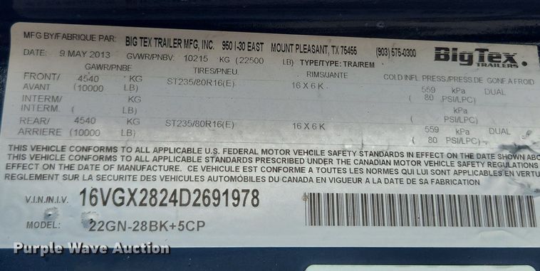 image for item OK9585 2013 Big Tex 22GN-28BK+5CP  equipment trailer