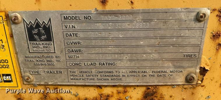 image for item AF9665 2002 Trail King TK50-3000  equipment trailer